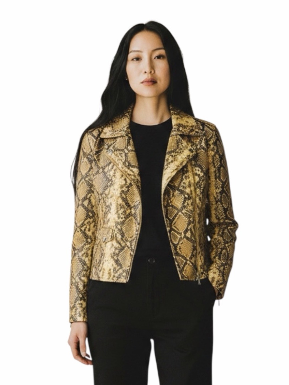 Tahari Faux Leather Snake Print Moto Jacket Womens Size M Cropped Zip Biker